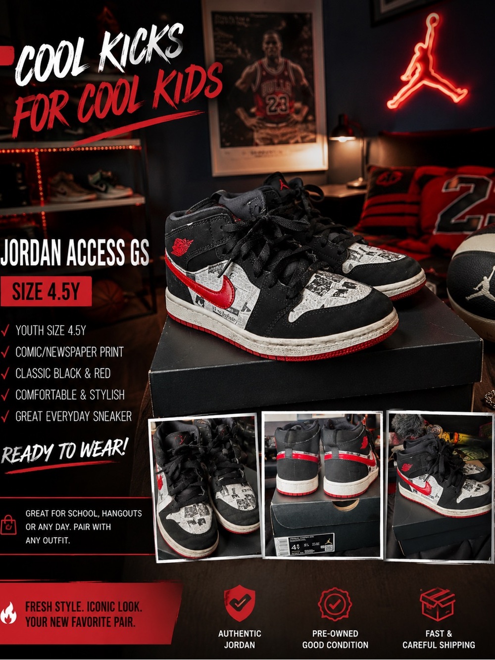 Jordan Black & Red Comic Print High-Top Sneakers
